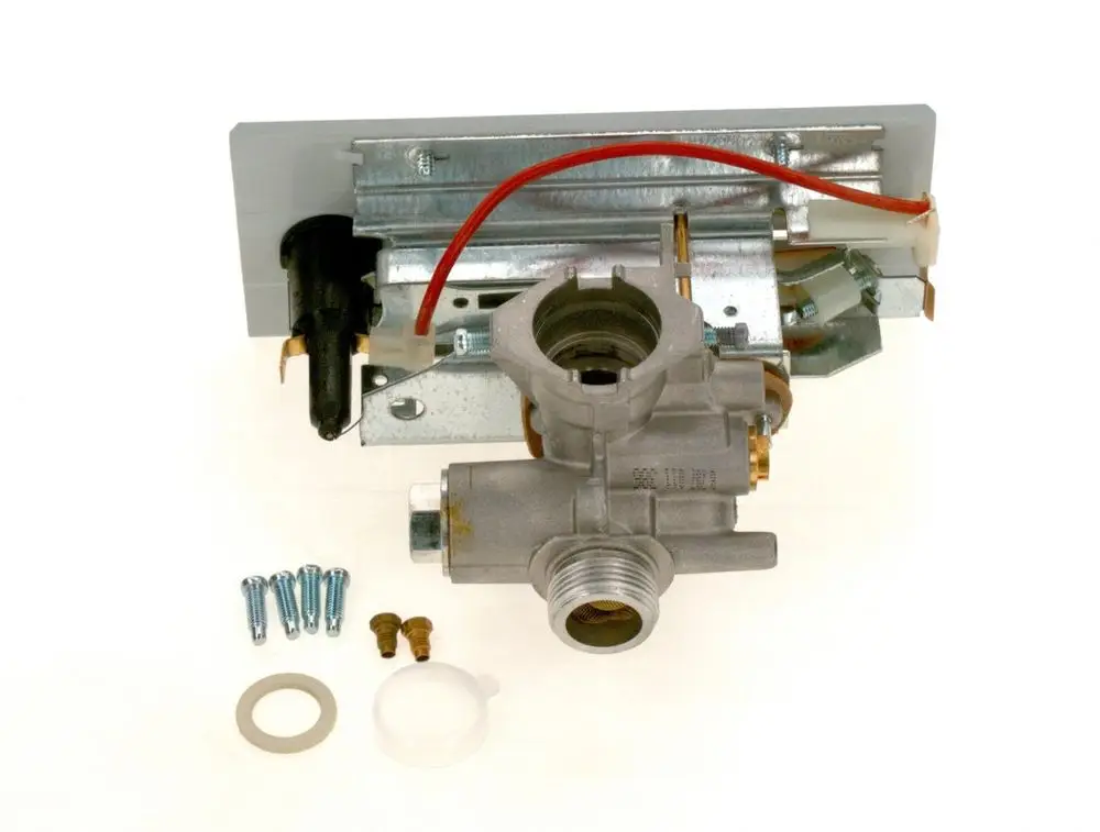 Gasarmatur von Bosch mit mehreren Anschlüssen und Montageplatten, inklusive Schrauben und Dichtungen.